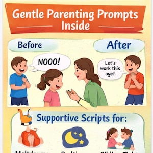 Op de afbeelding: Een illustratie getiteld "Van Chaos naar Kalmte: Zachte Ouderlijke Prompts Binnenin." De afbeelding toont een voor-en-na-scenario met kinderen en een ouder, samen met ondersteunende scripts voor woedeaanvallen, bedtijd en broederlijke ruzies.