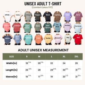 May include: A display of unisex adult t-shirts in various colors, including white, gray, and red. The image includes a size chart with measurements in inches for width, length, and sleeve length. The text "UNISEX ADULT T-SHIRT" is at the top.