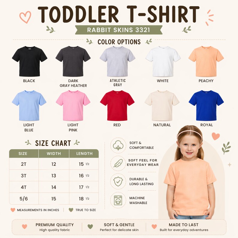 May include: A product image showcasing a variety of toddler t-shirts in various colors, including black, gray, white, and pink. The image also includes a size chart with measurements in inches and details about the fabric.
