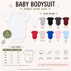 May include: White baby bodysuit with a size chart and color options including red, pink, and blue. The image shows the bodysuit's width and length in inches. The text says "Soft Rib Fabric" and "Machine Washable."