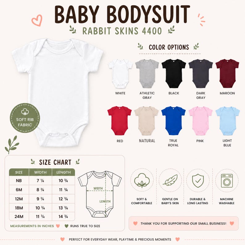 May include: White baby bodysuit with a size chart and color options including red, pink, and blue. The image shows the bodysuit's width and length in inches. The text says "Soft Rib Fabric" and "Machine Washable."