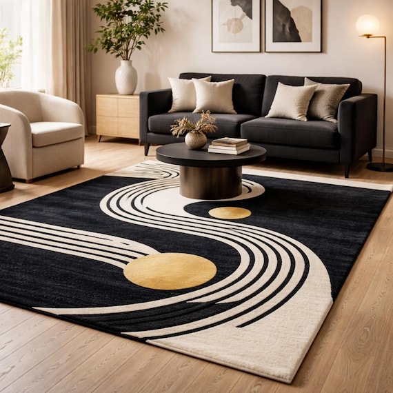 Modern Abstract Black Ivory Rug, Hand Tufted Wool Carpet, Geometric Art Rug, Living Room Area Rug, Luxury Home Decor