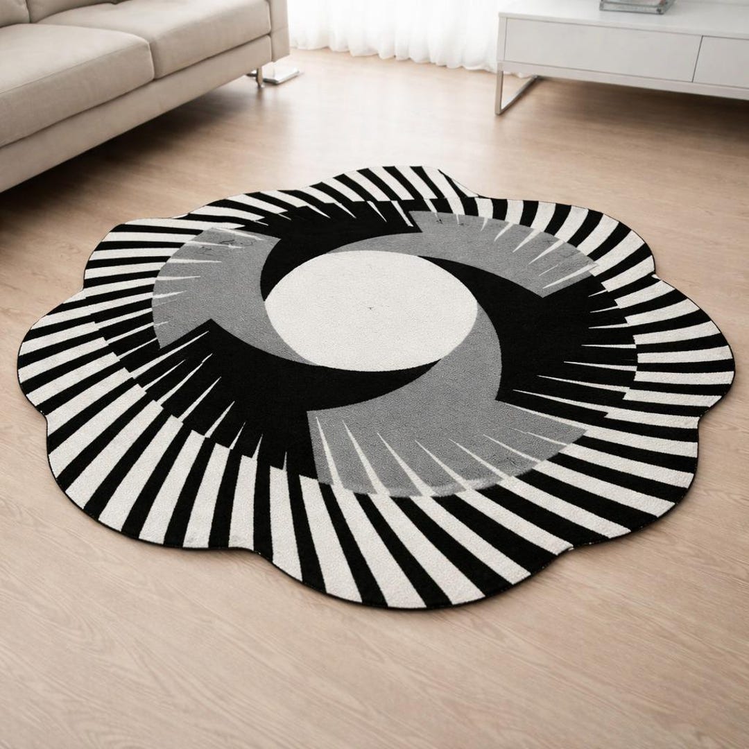Black White Spiral Rug, Hand Tufted Wool Rug, Modern Round Area Rug ...