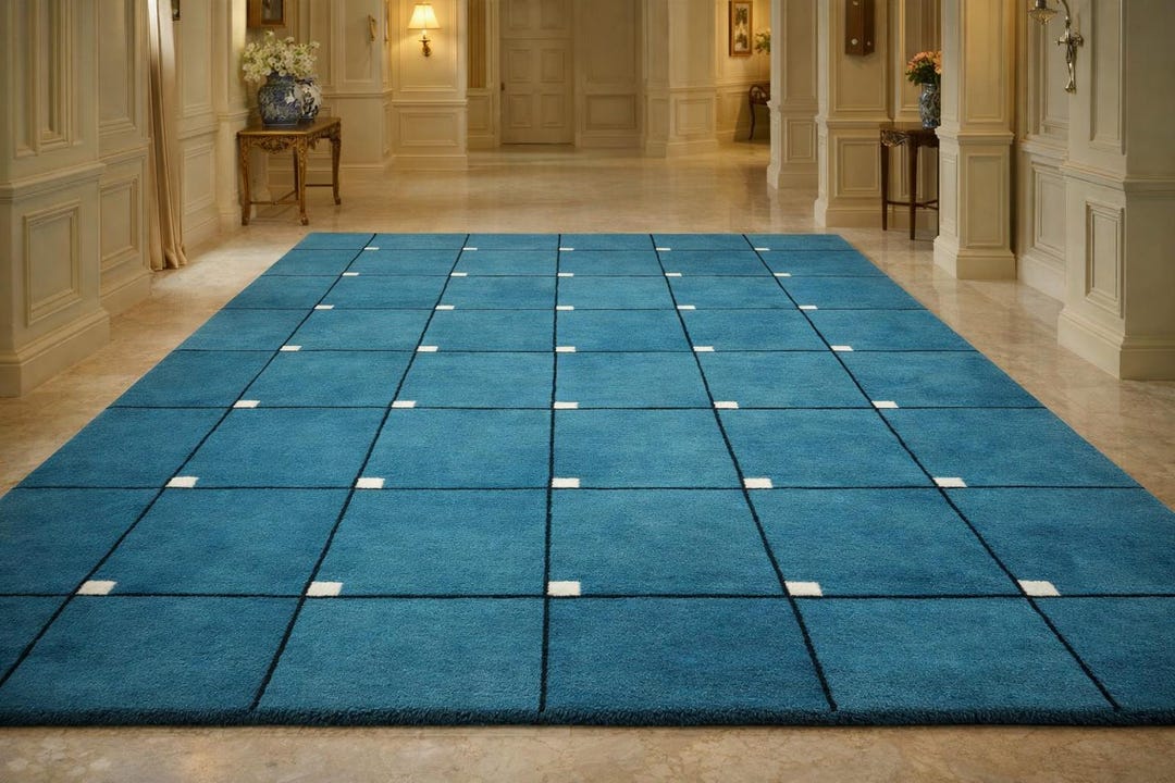 Square Pattern Blue Rug Modern Blue Grid Hand Tufted Wool Rug, Geometric Square Pattern Area ...