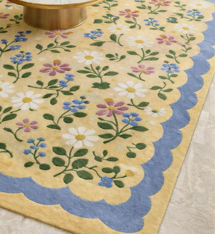 Hand Tufted 100% Wool Floral Area Rug, Scalloped Border Handmade Carpet ...