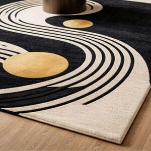 May include: A rectangular area rug with a modern design. The rug features a black background with a white, flowing pattern and two gold-colored circles. The rug is placed on a wooden floor.