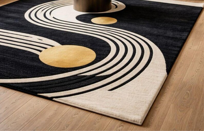 May include: A rectangular area rug with a modern design. The rug features a black background with a white, flowing pattern and two gold-colored circles. The rug is placed on a wooden floor.