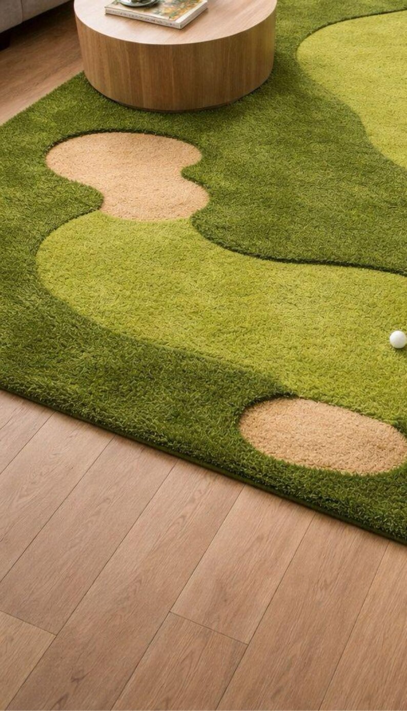 Hand Tufted Golf Theme Wool Rug, Green Turf Area Rug, Sports Design ...