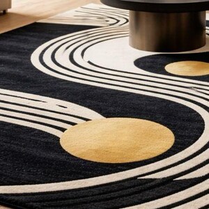 Modern Abstract Black Ivory Rug, Hand Tufted Wool Carpet, Geometric Art Rug, Living Room Area Rug, Luxury Home Decor image 3