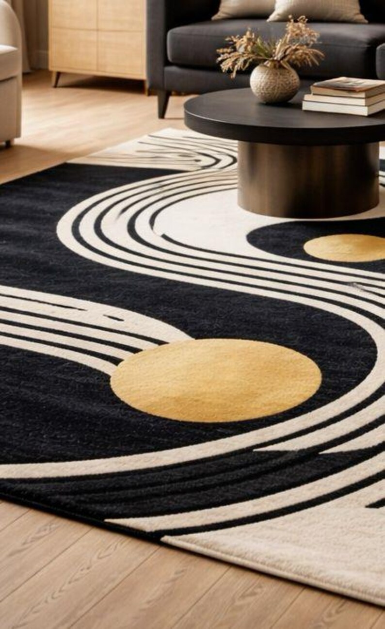 Modern Abstract Black Ivory Rug, Hand Tufted Wool Carpet, Geometric Art Rug, Living Room Area Rug, Luxury Home Decor image 3