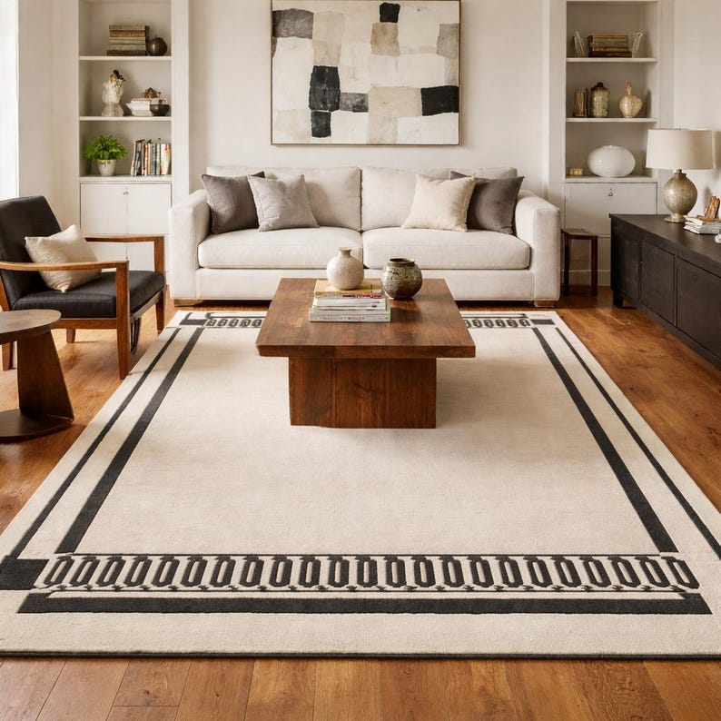 Specified Rug Hand Tufted Wool Rug, Modern Beige Border Area Rug, Minimal Living Room ...