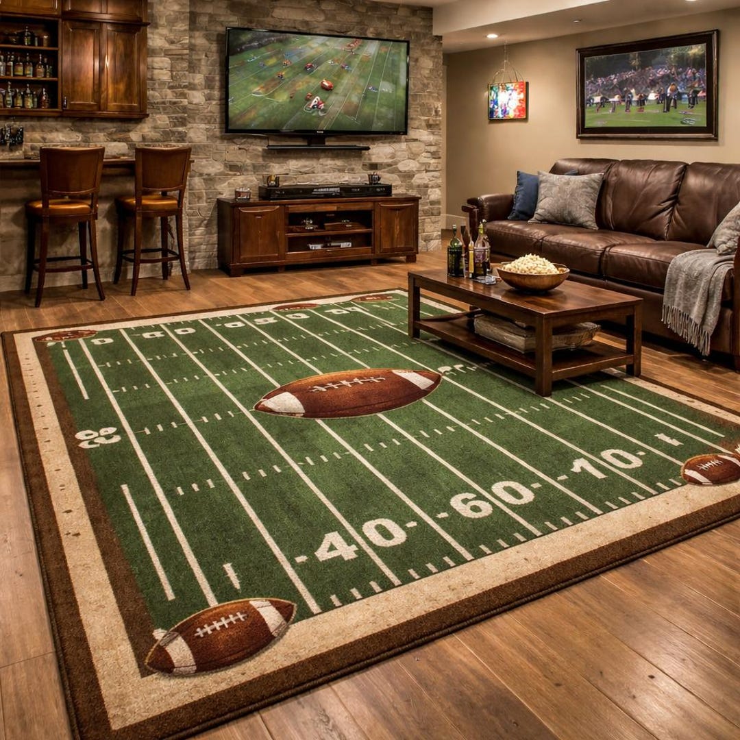 Hand Tufted Football Field Wool Rug, Sports Theme Area Rug, Green Game ...