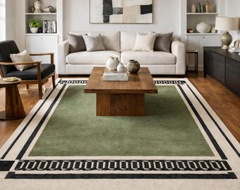 Hand Tufted Wool Rug, Modern Green Border Area Rug, Minimal Living Room Carpet, Custom Luxury Wool Rug