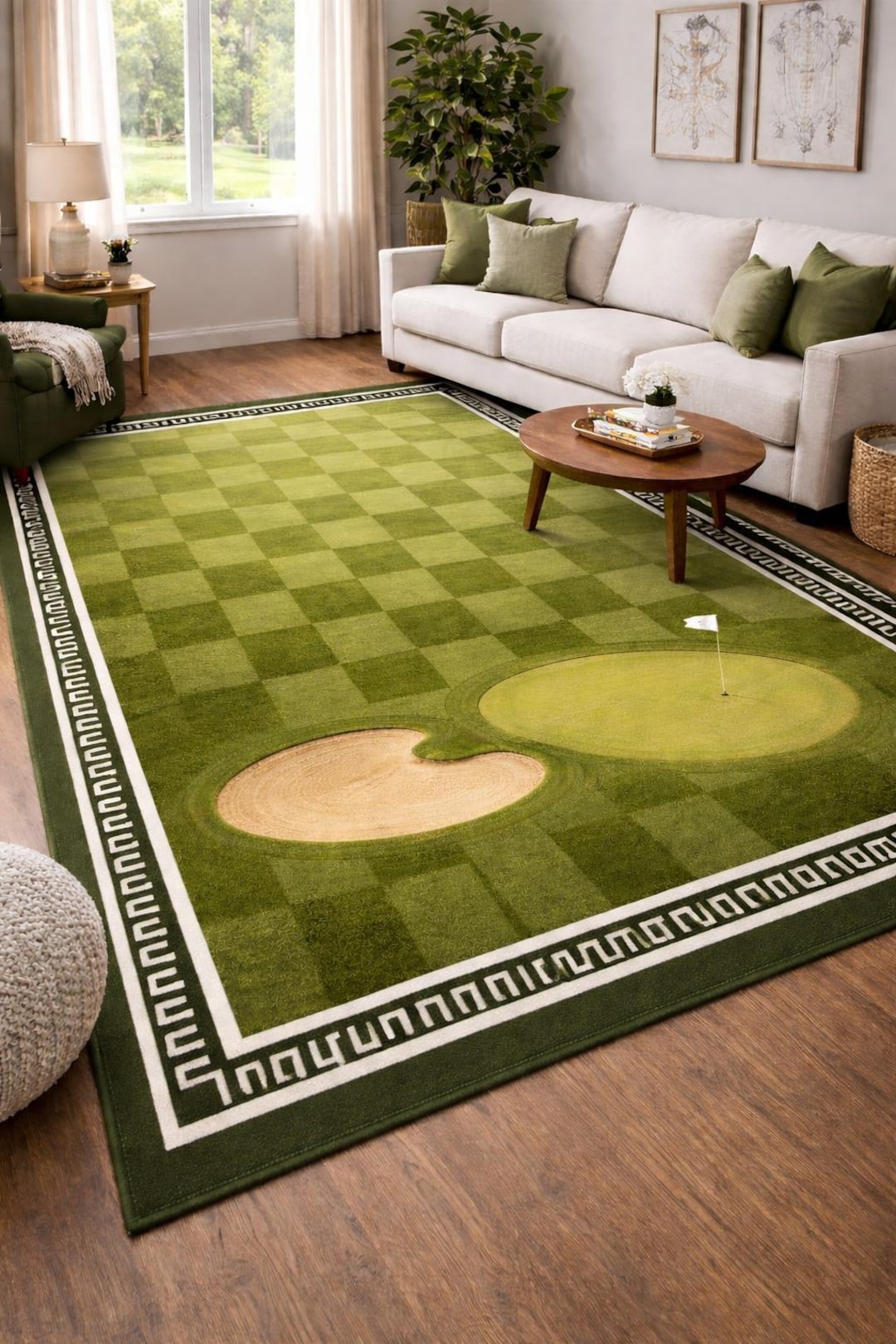 Hand Tufted Wool Golf Theme Rug, Green Checkered Area Rug, Modern ...