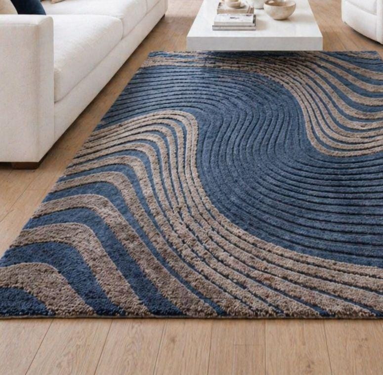Hand Tufted Blue Wave Wool Rug, Modern Abstract Area Rug, Geometric ...