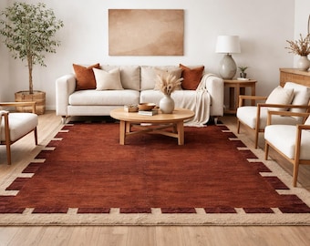 Hand Tufted 100% Wool Rug – Terracotta Burnt Orange Area Rug, Modern Boho Large Living Room Rug with Notched Border