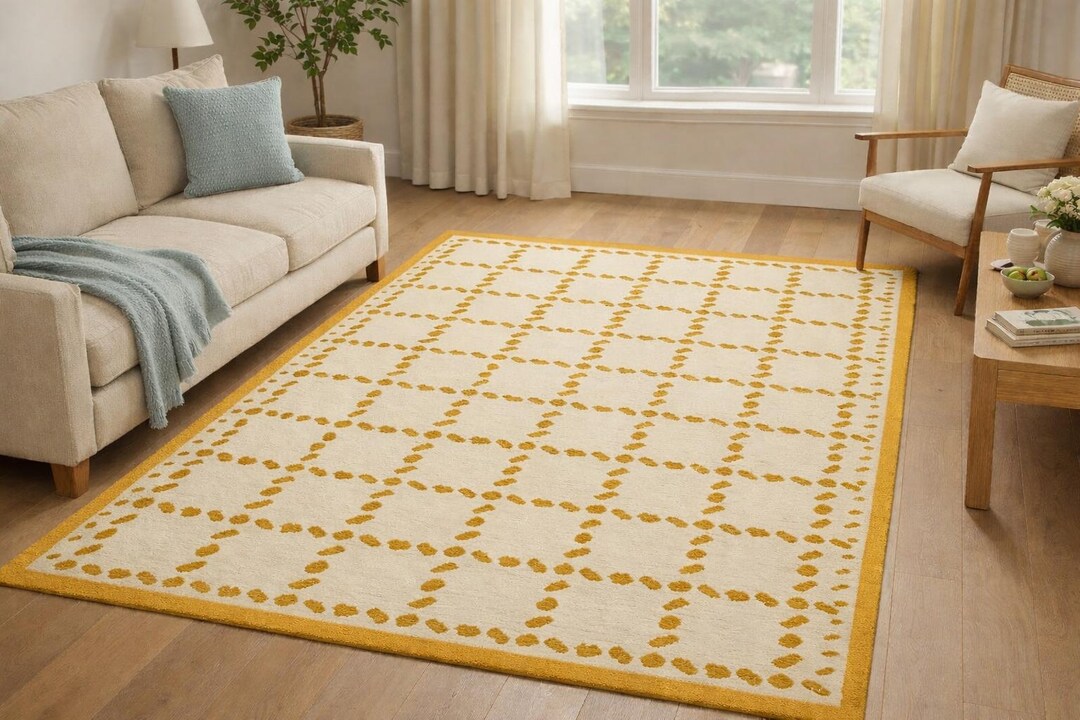 Hand Tufted Wool Yellow Geometric Rug, Modern Diamond Pattern Area Rug ...