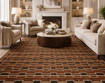 Hand Tufted Geometric Wool Rug | Modern Brown Black Area Rug | Luxury Living Room Carpet | 100% Wool