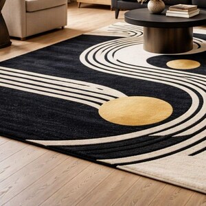 Modern Abstract Black Ivory Rug, Hand Tufted Wool Carpet, Geometric Art Rug, Living Room Area Rug, Luxury Home Decor image 2