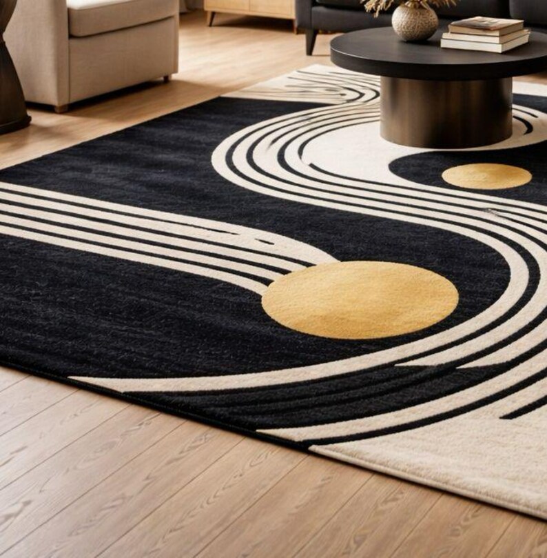 Modern Abstract Black Ivory Rug, Hand Tufted Wool Carpet, Geometric Art Rug, Living Room Area Rug, Luxury Home Decor image 2