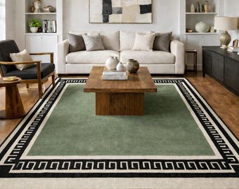 Hand Tufted Wool Rug, Modern Green Border Area Rug, Minimal Living Room Carpet, Custom Luxury Wool Rug