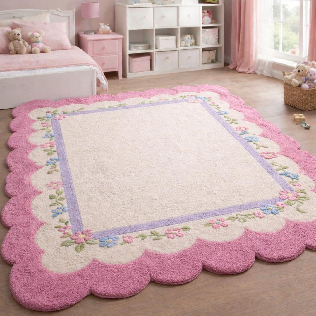 Hand Tufted Pink Floral Wool Rug, Scalloped Border Kids Room Rug ...