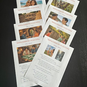 May include: Several white cards with red text, each bearing the title "Spelling mistakes that ruin your writing." The cards illustrate common spelling errors with images and examples, including "they're, there, their."