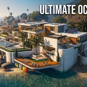 May include: A digital rendering of a multi-level oceanfront estate featuring a modern architectural design, a private beach, pier access, and a swimming pool. Text includes "ULTIMATE OCEANFRONT ESTATE", "EXFIL STUDIOS", and "PREMIUM EDITION".