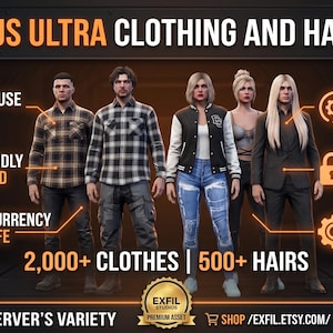 Pode incluir: Um gráfico promocional digital para o Plus Ultra Clothing and Hair Pack da Exfil Studios, apresentando cinco avatares em várias roupas, incluindo camisas xadrez, uma jaqueta varsity e um terno, com 2.000+ roupas e 500+ penteados listados.