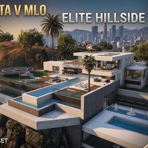 May include: A digital rendering of a modern hillside mansion for FiveM GTA V MLO featuring a rooftop heliport, infinity pool, and panoramic city views. Text includes FIVEM / GTA V MLO, ELITE HILLSIDE MANSION, AVAILABLE NOW, and EXFIL STUDIOS.