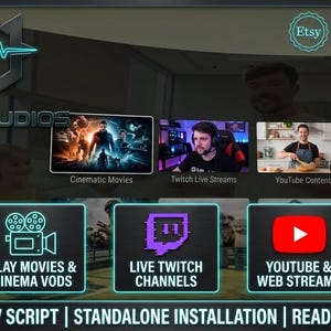 Pode incluir: Uma interface digital para Exfil Studios com um controle remoto preto à direita. A tela mostra categorias para filmes, transmissões ao vivo da Twitch e conteúdo do YouTube com ícones para filmes, Twitch e YouTube.