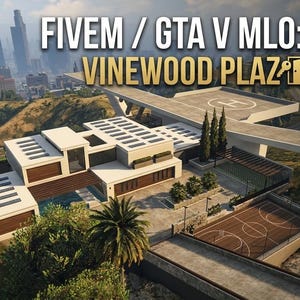 May include: An aerial view of a modern mansion with a rooftop helipad, outdoor basketball court, and multiple pools. The image includes the text "FIVEM / GTA V MLO: KINZOLO VINEWOOD PLAZA MANSION" and the Exfil Studios logo.