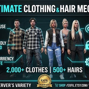 FiveM 服メガパック - 2000種類以上の追加服と500種類以上のヘアスタイル | ロゴなし | 世界観に配慮 | 最適化済み | Exfil Studios