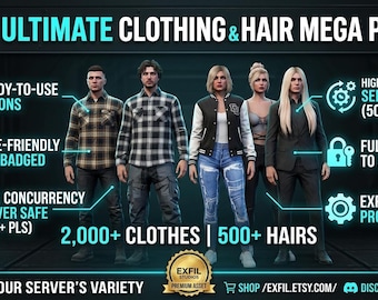 Pack géant de vêtements FiveM : plus de 2 000 vêtements et plus de 500 coiffures | Sans logo | Respectueux de l’univers du jeu | Optimisé | Exfil Studios