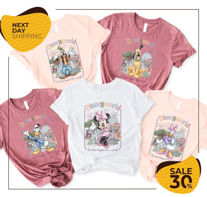 a collection of Disney World merchandise, including t-shirts and shirts featuring various Disney characters such as Minnie Mouse, Donald Duck, and Mickey Mouse.