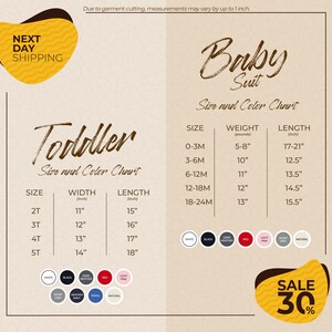 The image is a promotional flyer for a clothing store, displaying size and color charts for toddler and baby suits. The flyer includes a sale offer of 30% off on the baby suit.