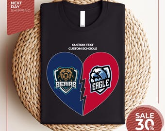 Custom Two College Heart Tshirt | Dual School Unisex Shirt | House Divided Tee | Any College Sport | Any Team Logo | Personalized Gift Idea