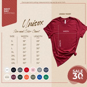 The image is a promotional graphic for a clothing brand, specifically an unisex t-shirt. It features a red t-shirt with measurements and color options displayed, along with a sale promotion.
