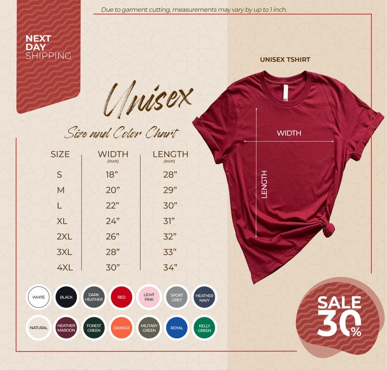 The image is a promotional graphic for a clothing brand, specifically an unisex t-shirt. It features a red t-shirt with measurements and color options displayed, along with a sale promotion.