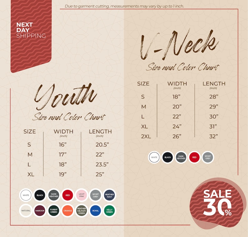 The image is a promotional advertisement for a clothing store, displaying size and color charts for youth and V-Neck tops. The chart provides measurements for different sizes, including S, M, L, XL, and 2XL, along with corresponding widths and lengths. The ad also includes a sale promotion of 30% off.