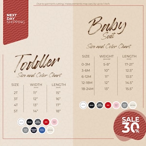 The image is a promotional flyer for a clothing store, displaying size and color charts for toddler and baby suits.