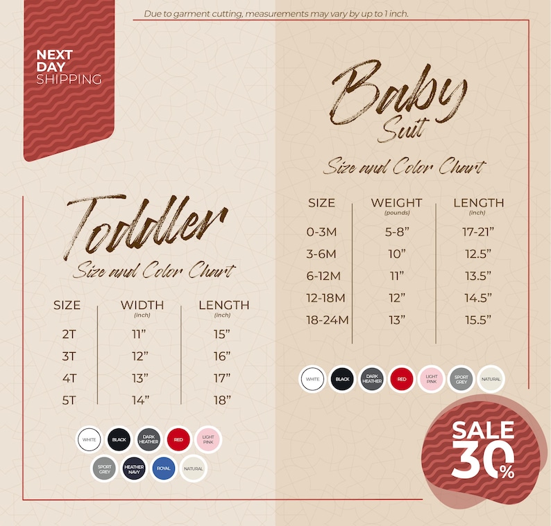 The image is a promotional flyer for a clothing store, displaying size and color charts for toddler and baby suits.