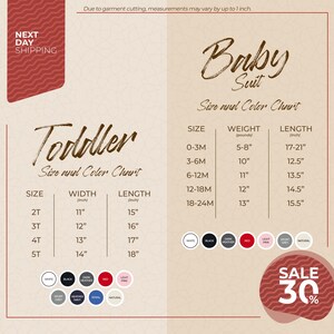 The image is a promotional flyer for a clothing store, displaying size and color charts for toddler and baby suits.