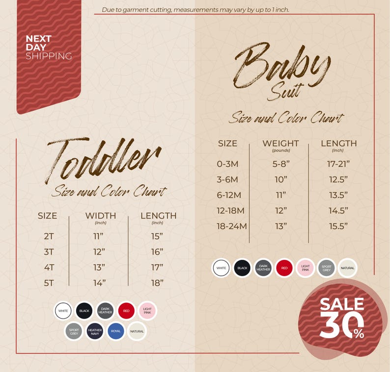 The image is a promotional flyer for a clothing store, displaying size and color charts for toddler and baby suits.