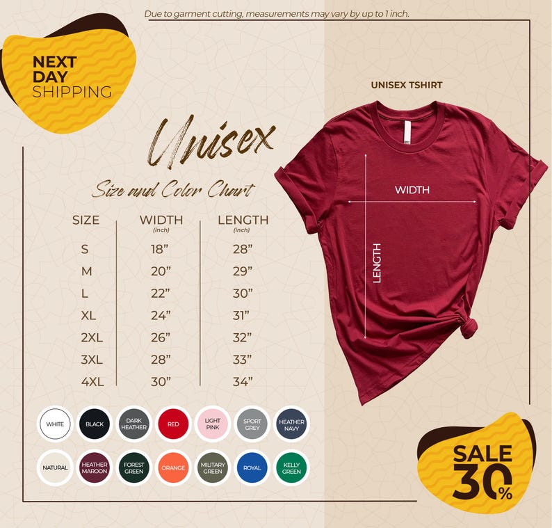 The image is a promotional graphic for a clothing brand, specifically an unisex t-shirt. It features a red t-shirt with size and color charts, along with a variety of colors and sizes displayed. The image also includes a sale offer of 30% off.