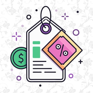 May include: An illustration of a white price tag with a purple loop, a green coin with a dollar sign, and a pink square with a percentage symbol. The tag has a green rectangle and horizontal lines. The background is a floral pattern.