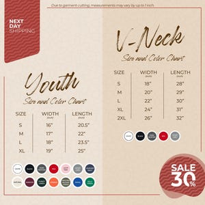 The image is a promotional advertisement for a clothing store, displaying size and color charts for youth and V-Neck tops. The chart provides measurements for different sizes, including S, M, L, XL, and 2XL, along with corresponding widths and lengths. The ad also includes a sale promotion of 30% off.