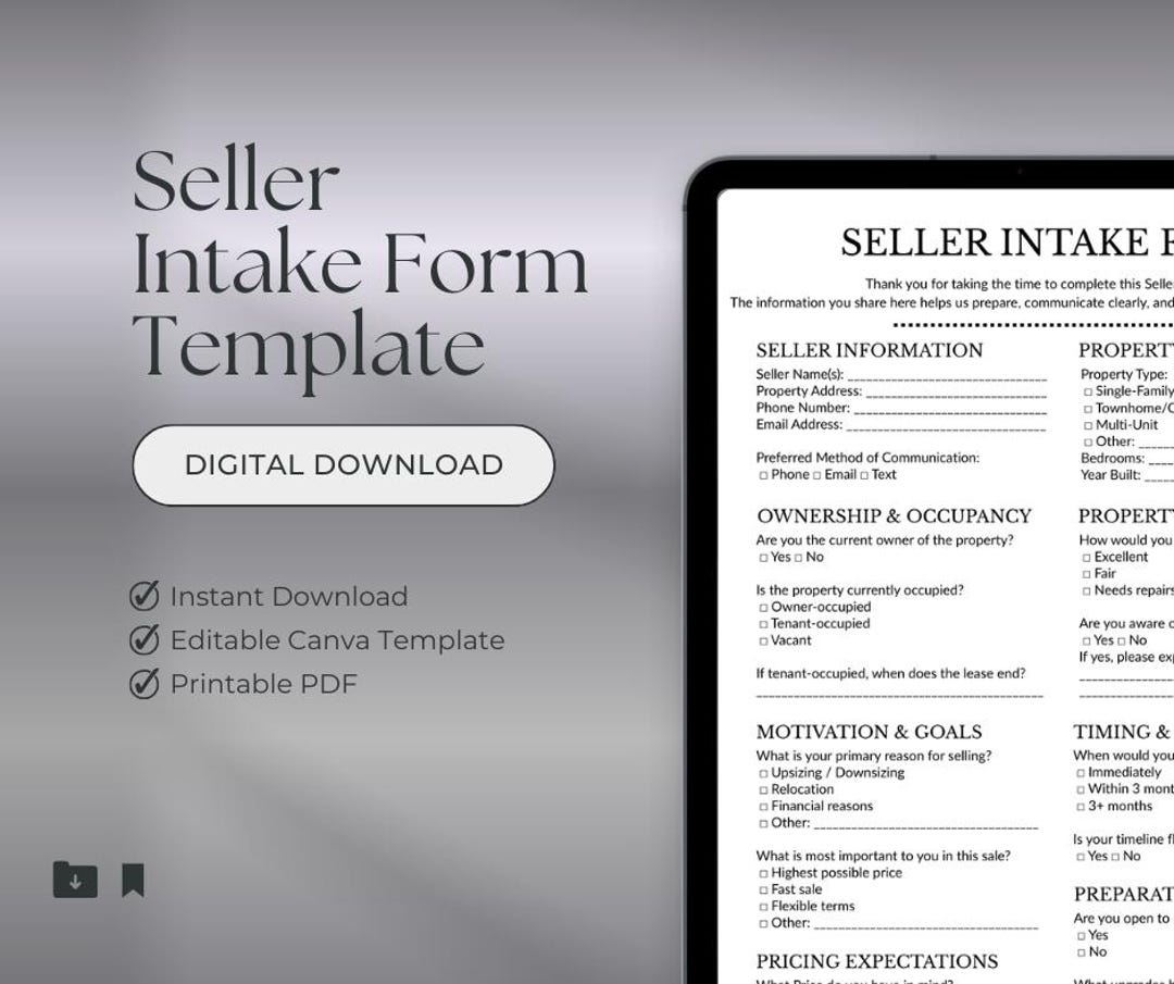 Realtor Seller Intake Form Canva Template | Real Estate Listing ...