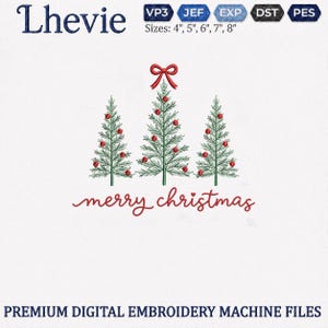 May include: A digital embroidery design featuring three green pine trees decorated with red ornaments and a red bow on the center tree. The text "merry christmas" is written in red cursive below the trees. Includes file formats VP3, JEF, EXP, DST, PES.