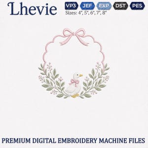 May include: A digital embroidery design featuring a white duck with a pink bow, centred within a scalloped wreath of green leaves and pink berries, topped with a pink bow. The text Lhevie and file formats VP3, JEF, EXP, DST, PES are visible.